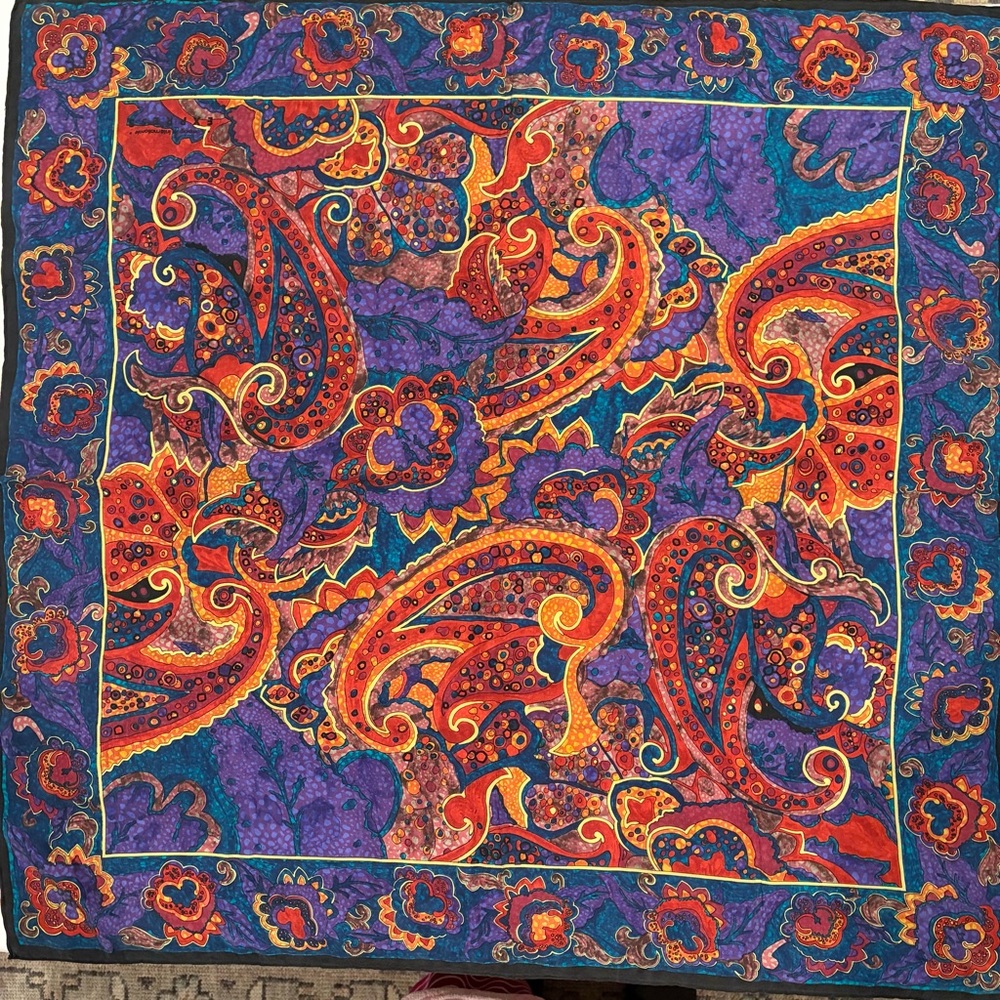 Express 100% Silk Scarf Paisley Print Purple Blue Orange Watercolor